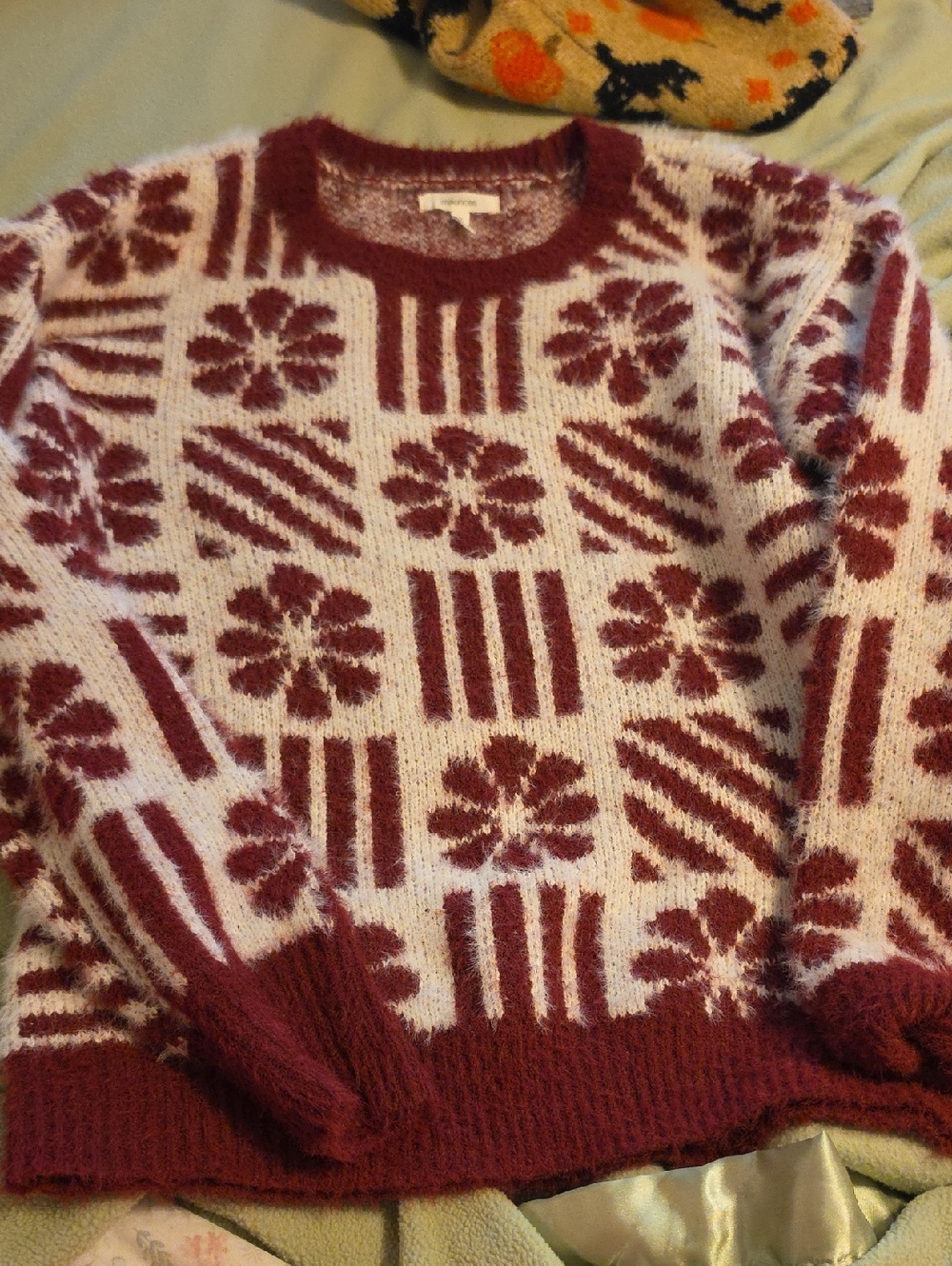 Maurices Maroon & Cream Fuzzy Knit Sweater